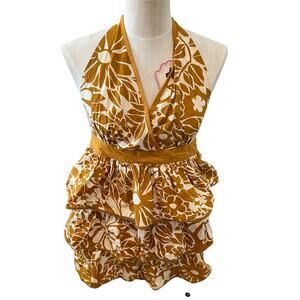EnVogue Ruffled v neck full apron Mustard Floral Print
